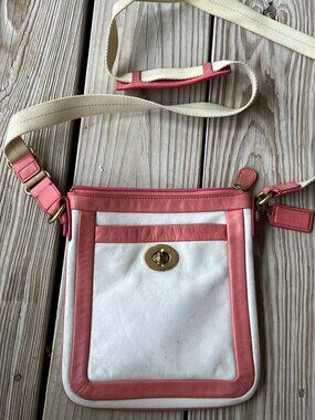 Coach Legacy Turnlock crossbody bag in white and salmon pink leather